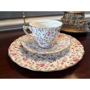 Rosina Tea Cup & Saucer & Plate Set Rose Chintz Violets Fine Bone China England
